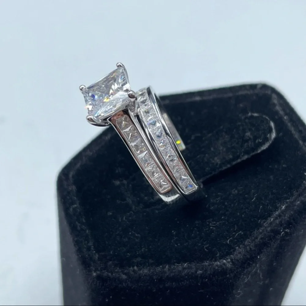 925 Sterling Silver Diamond 2 Band Wedding‎ Ring 6